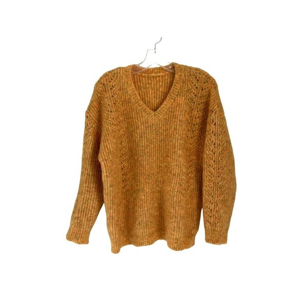 J. INE Cable Knitted V-Neck Sweater Pullover Yellow Heather Size Large - Picture 1 of 8